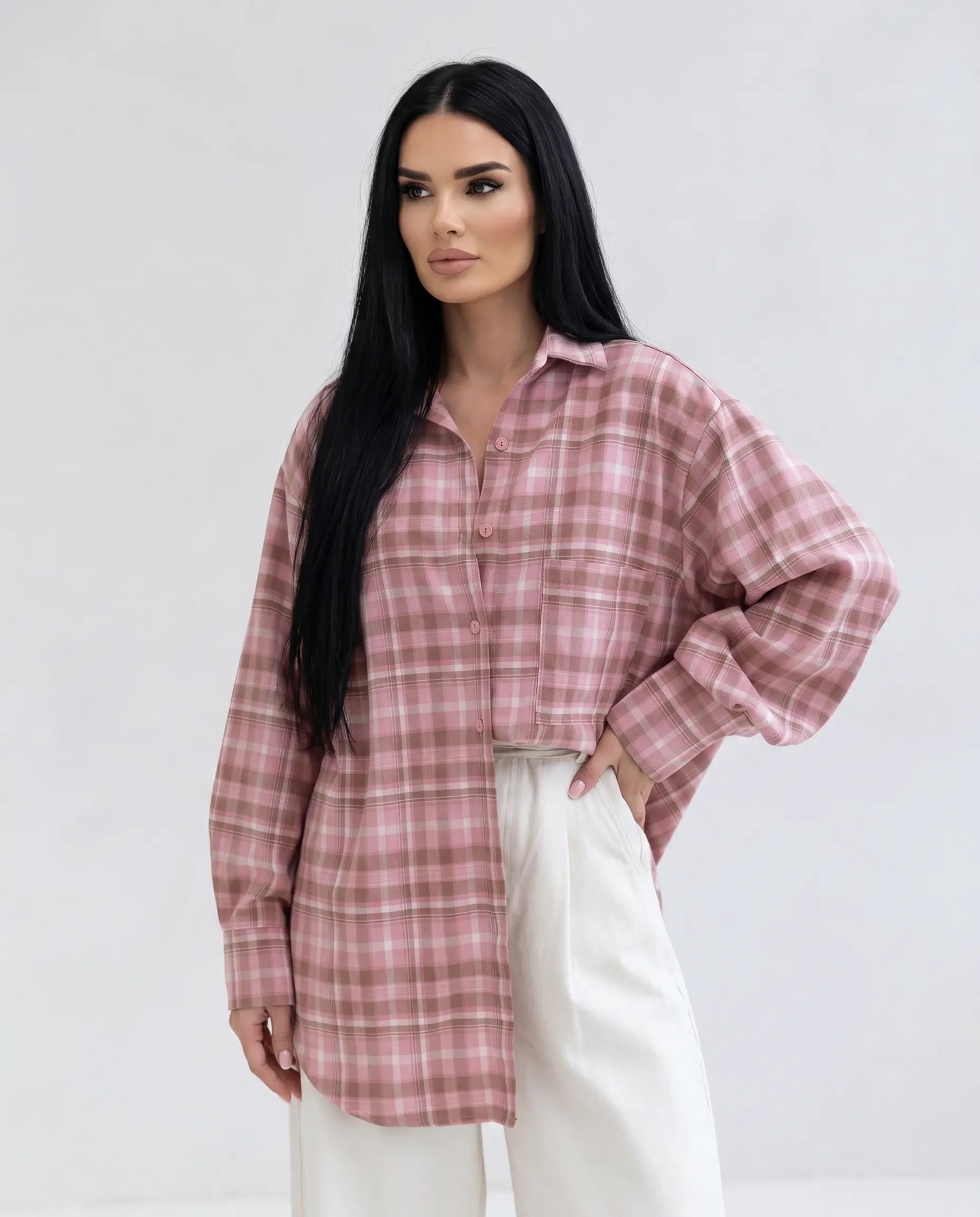 Koszula Damska Oversize ELORA Kremowo-Różowa - obrazek 3