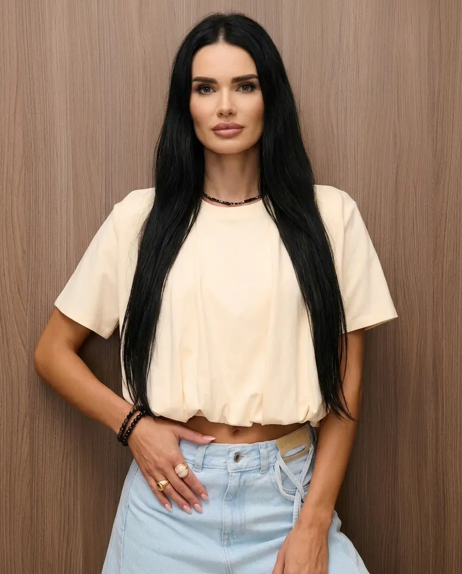 Bawełniany t-shirt damski o modnym fasonie typu bombka. Komfort, wysoka jakość i ponadczasowy styl do każdej stylizacji.