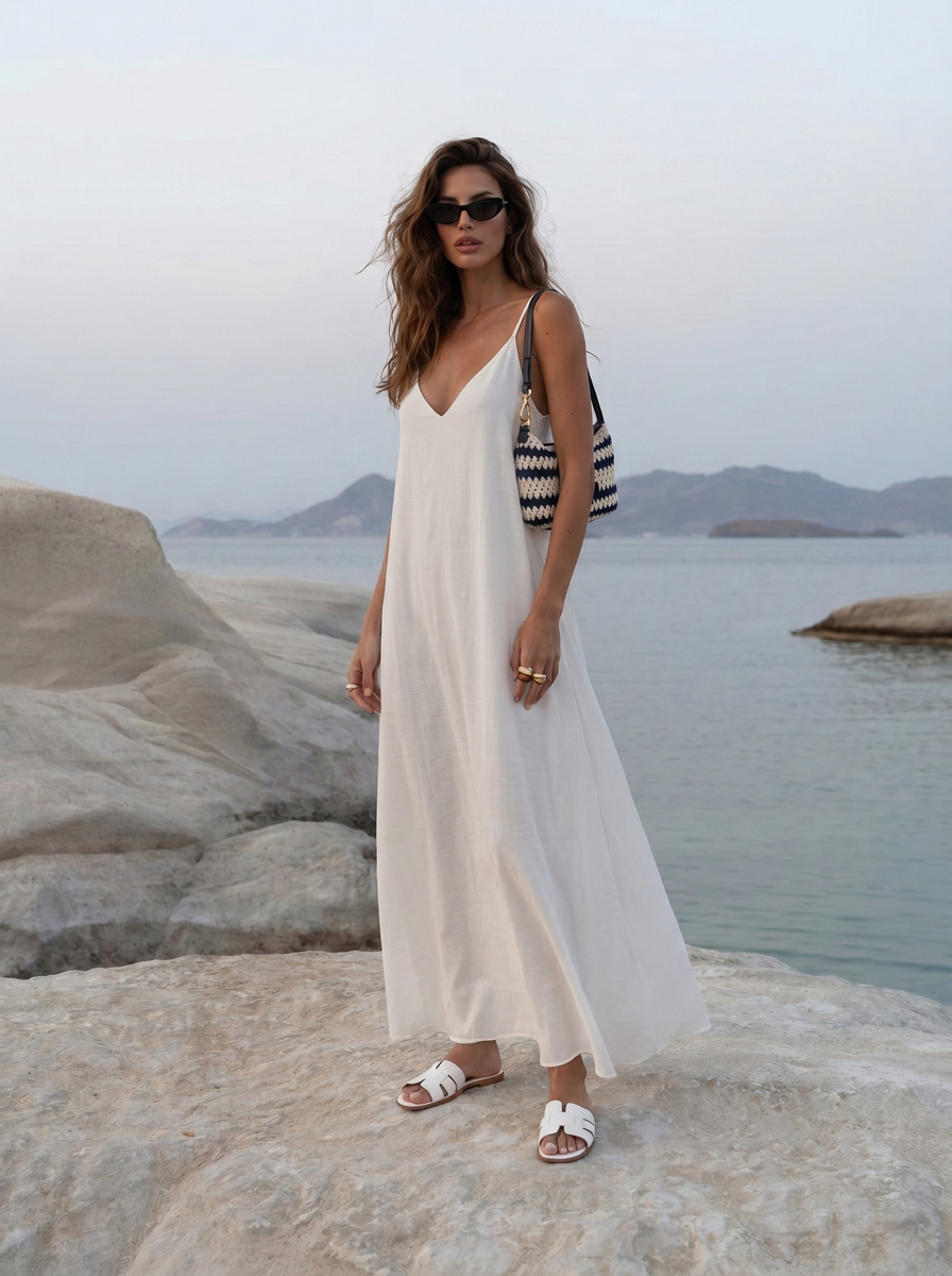 Sukienka maxi Isoria Off White w kwiaty z dekoltem V, odkrytymi plecami i paskiem ze złotą klamrą.