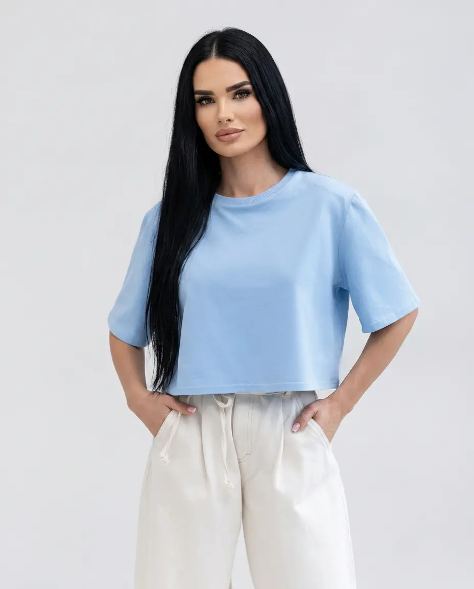 T-shirt Damski Arvia Cropped Niebieski - obrazek 2