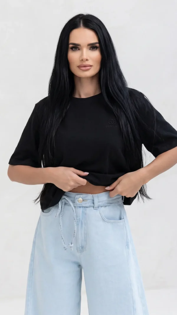 T-shirt Damski Eloria z Poduszkami na Ramionach Czarny
