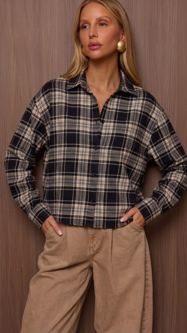 Koszula damska krótka oversize w kratę SAVOY czarno-szara