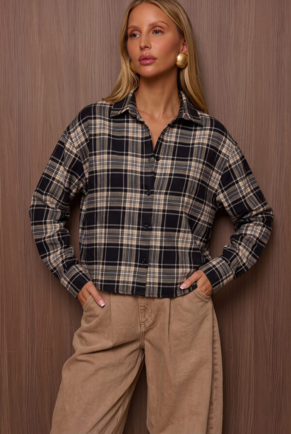 Koszula damska krótka oversize w kratę SAVOY czarno-szara