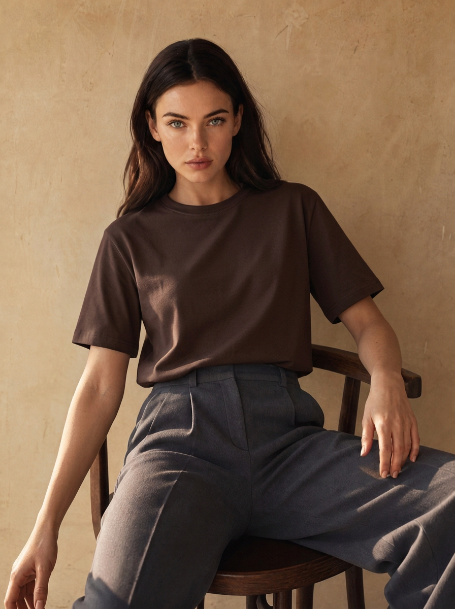 Czekoladowy T-shirt damski Arvia Cropped o krótkim luźnym fasonie