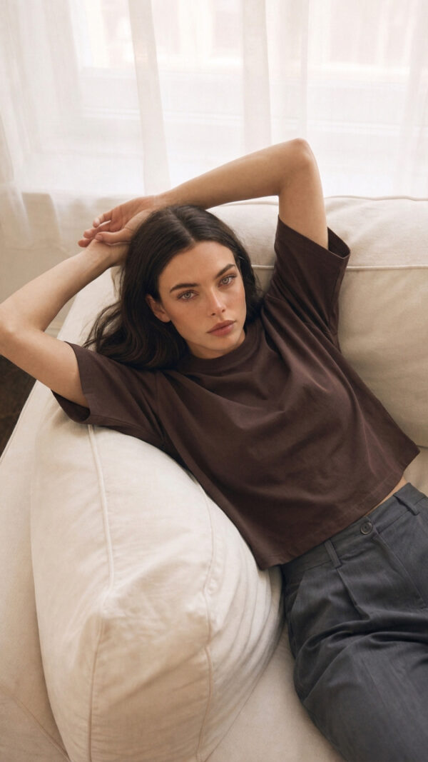 Czekoladowy T-shirt damski Arvia Cropped o krótkim luźnym fasonie