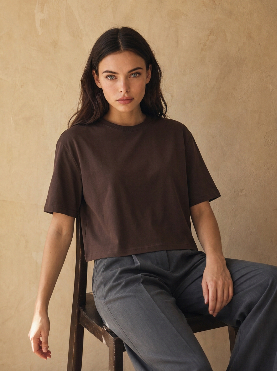 Czekoladowy T-shirt damski Arvia Cropped o krótkim luźnym fasonie