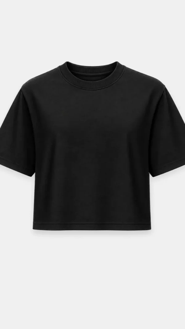 Czarny T-shirt damski VENA o krótszym luźnym kroju z poduszkami na ramionach, wykonany z grubej bawełny premium.